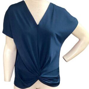 PerSeption Concept Short Sleeve V-Neck Top, Ruched Knot Front L Blue 30Q
